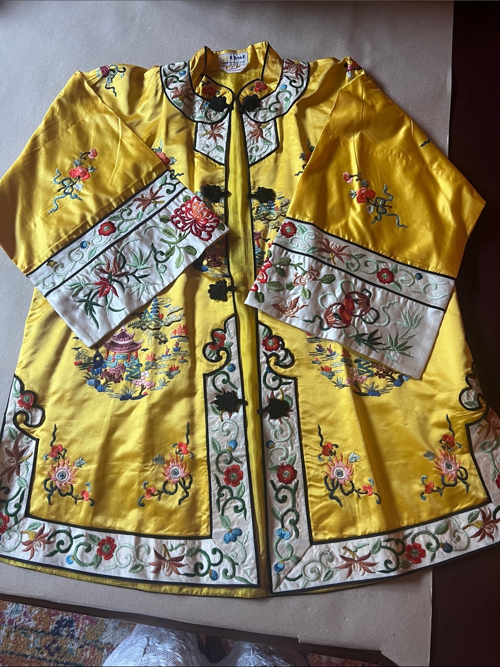 Yellow Embroidered Silk Mandarin-Style Coat